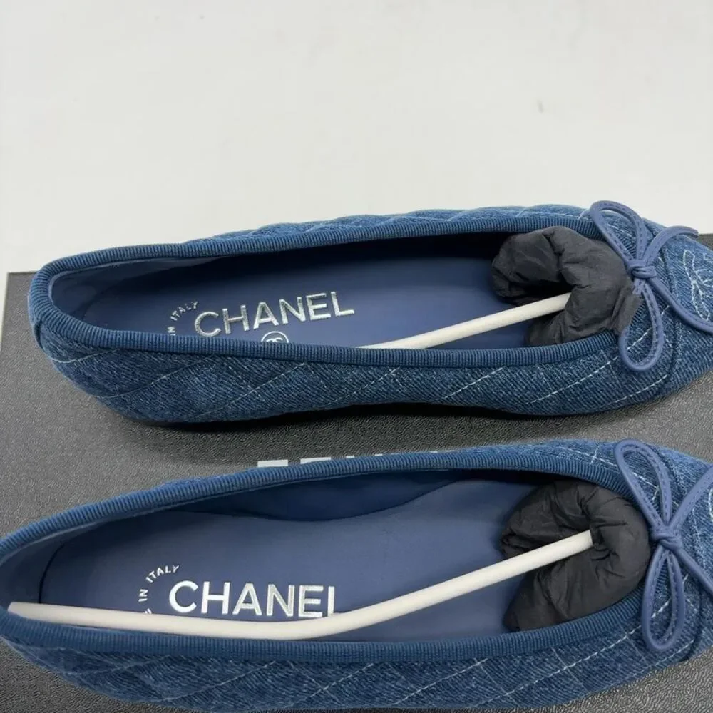 CHANEL Washed Denim Blue Quilted Ballet Flat